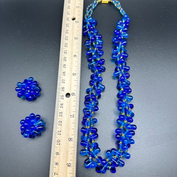 Vintage CZECH element blue teardrop glass beads clips on earrings and necklace - Picture 8 of 16